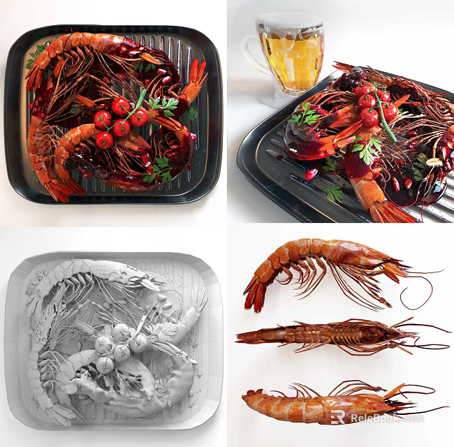 Delicious Grilled Lobster And Prawn On Black Platter With Fresh Cherry Garnish 3d model 