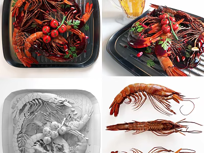 Delicious Grilled Lobster And Prawn On Black Platter With Fresh Cherry Garnish 3d model