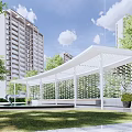 Modern White Pergola With Lattice Structure Green Lawn And Water Feature In Residential Area 3d model