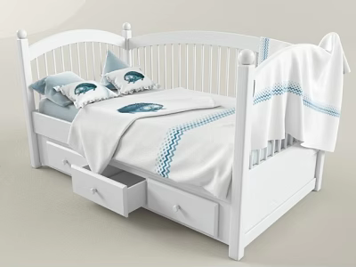 White Railed Wooden Children's Bed with Storage Drawers Decorative Pillows and Blue Striped Blanket 3d model