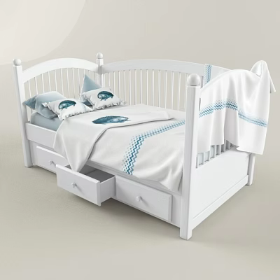White Railed Wooden Children's Bed with Storage Drawers Decorative Pillows and Blue Striped Blanket 3d model