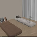 Cozy Interior With Two Floor Cushions Brown Beige On Wooden Floor Near Window Curtain Plant