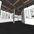 Modern Exhibition Hall Showcasing Calligraphy And Painting Works With Spotlights And Wooden Ceiling