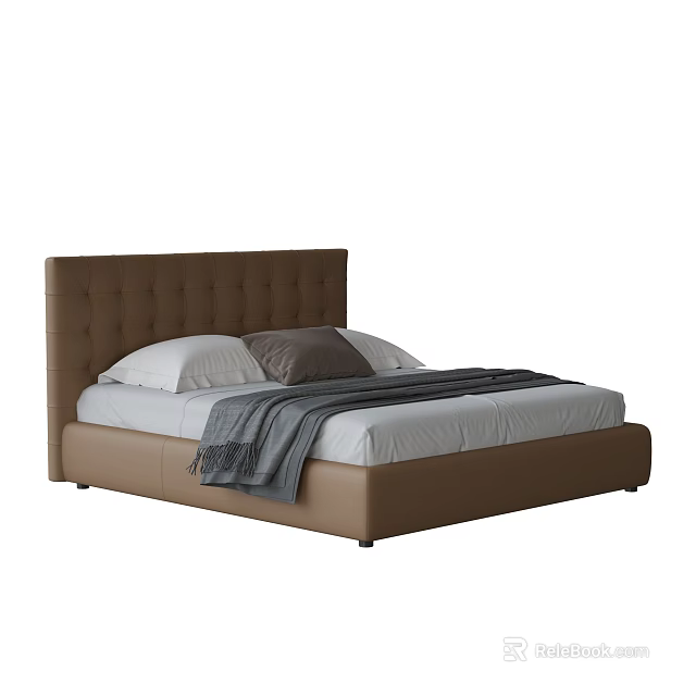 Modern Double Bed with Brown Tufted Headboard White Sheets and Grey Throw Pillow 3d model