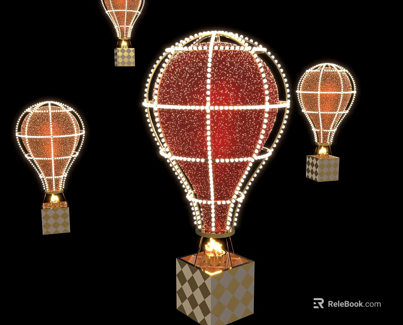 Illuminated Hot Air Balloon Shaped Art Installation With Wireframe Structure And Checkered Base 3d model 