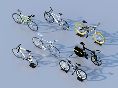 Multiple Assorted Colorful Bicycles Displayed On Stands With Various Styles 3d model
