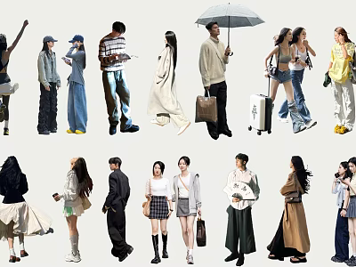 Diverse Group of People in Various Casual Styles Walking Standing with Bags Umbrella 3d model