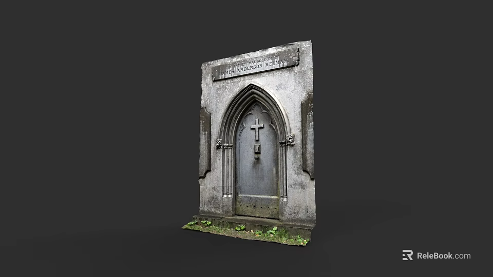 Ancient Stone Arched Door With Cross Design Inscription Surrounded By Moss And Plants 3d model 