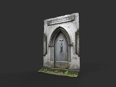 Ancient Stone Arched Door With Cross Design Inscription Surrounded By Moss And Plants 3d model