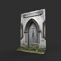Ancient Stone Arched Door With Cross Design Inscription Surrounded By Moss And Plants
