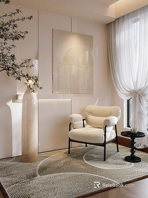 Elegant Modern Living Room Interior With White Upholstered Accent Chair Curtains And Decorative Art 3d model 