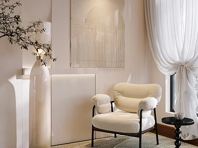 Elegant Modern Living Room Interior With White Upholstered Accent Chair Curtains And Decorative Art 3d model