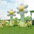 Outdoor Stage With Green White Striped Awning Orange White Flowers Wooden Crates And Grassland Background