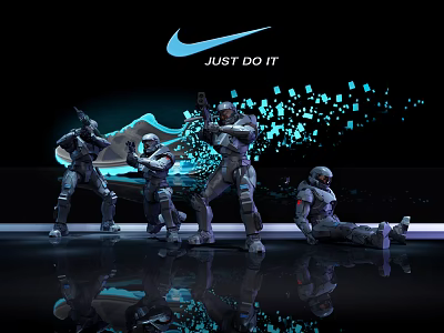 Dynamic Warrior Sculptures in Armor with Blue Light Spots and Wave Background 3d model