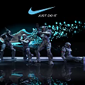 Dynamic Warrior Sculptures in Armor with Blue Light Spots and Wave Background