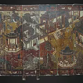 Antique Chinese Screen With Intricate Architectural Paintings And Gold Red Tones