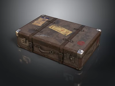 Vintage Brown Leather Suitcase With Travel Stickers And Metal Hardware Fittings 3d model
