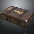 Vintage Brown Leather Suitcase With Travel Stickers And Metal Hardware Fittings
