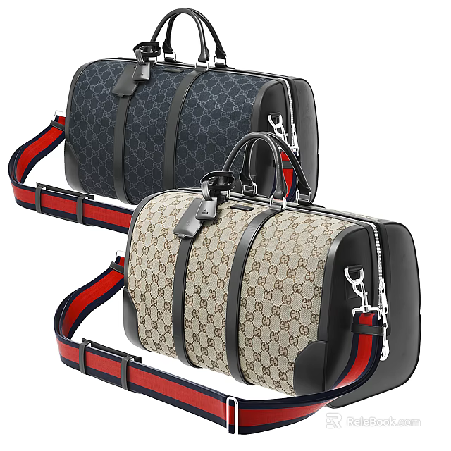 Stylish Duffle Bags With Classic Pattern Beige Black Design And Red Blue Striped Straps 3d model 