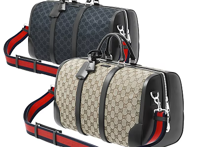 Stylish Duffle Bags With Classic Pattern Beige Black Design And Red Blue Striped Straps 3d model