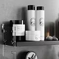 Bathroom Accessories Display On Modern Shelves With Skincare Bottles Soap Brush And Mirror