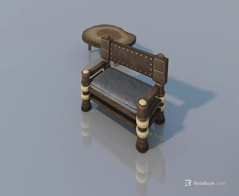 Wooden Sofa With Gray Upholstered Cushion And Matching Round Coffee Table Set 3d model 