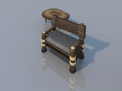 Wooden Sofa With Gray Upholstered Cushion And Matching Round Coffee Table Set 3d model