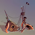 Pirate Themed Playground Equipment With Wooden Ship Octopus Tentacles And Pirate Figure