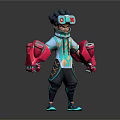 Stylized Futuristic 3D Character With Mechanical Headgear Teal Pink Outfit And Armored Gloves