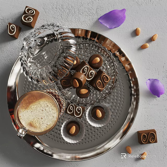 Chocolate Truffles Coffee Cup Almonds In Glass Container On Silver Tray With Purple Petals 3d model 
