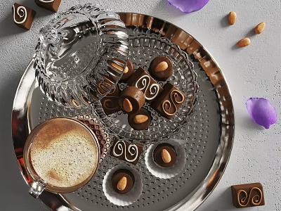 Chocolate Truffles Coffee Cup Almonds In Glass Container On Silver Tray With Purple Petals 3d model