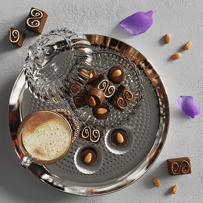 Chocolate Truffles Coffee Cup Almonds In Glass Container On Silver Tray With Purple Petals 3d model