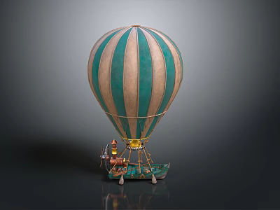 Green And Beige Striped Hot Air Balloon Model With Small Basket And Decorative Elements 3d model