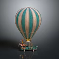 Green And Beige Striped Hot Air Balloon Model With Small Basket And Decorative Elements