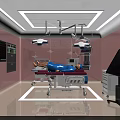 Pink Walled Operating Room Featuring Surgical Bed Medical Monitors And Lights