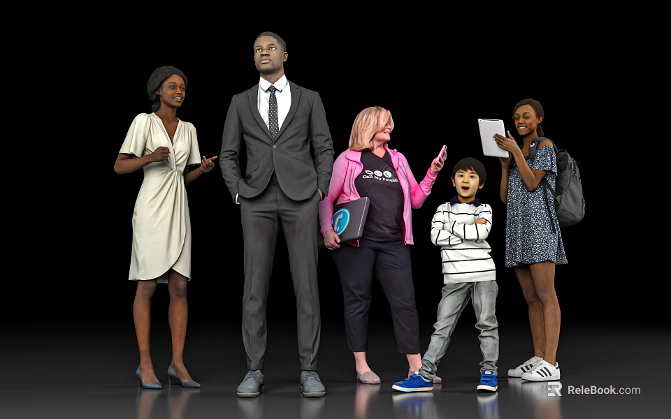 Diverse group of people standing together with different ages attires holding documents tablet and gesturing 3d model 