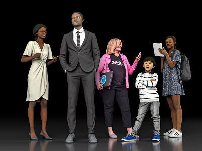 Diverse group of people standing together with different ages attires holding documents tablet and gesturing 3d model