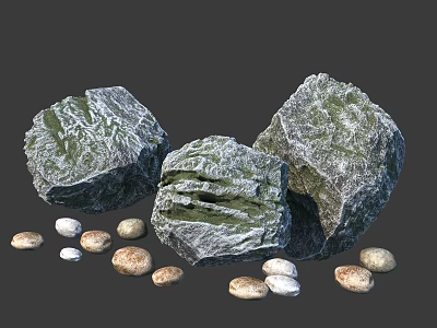 Natural Stone And Wood Elements With Large Rocks And Small Pebbles 3d model