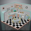 Cute Vintage Kitchen Interior With Pink Blue Cabinets White Refrigerator Dining Table And Checkered Floor