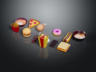 Display of Assorted Fast Foods Including Fries Pizza Hamburger Donut Hot Dog and Sandwich 3d model