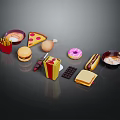 Display of Assorted Fast Foods Including Fries Pizza Hamburger Donut Hot Dog and Sandwich