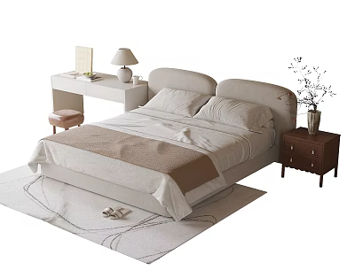 Cozy Kids Bed With Soft Mattress Pillows Bedding Nightstand And Lamp On Rug 3d model