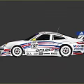 White Porsche 911 Racing Car With Red Blue Stripes Rear Wing And Coastal Sponsor Logos