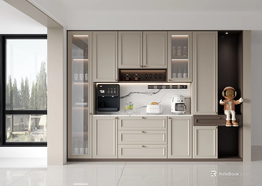 Modern Home Wine Cabinet Design With Glass Doors And LED Lighting In Kitchen Interior 3d model 