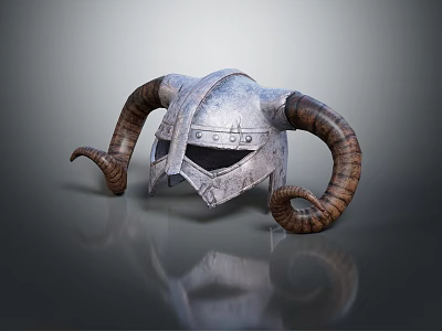 Silver Metal Helmet With Large Curved Ram Horns And Face Guard 3d model
