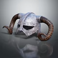 Silver Metal Helmet With Large Curved Ram Horns And Face Guard