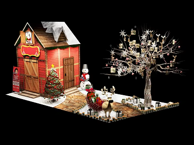 Festive Christmas Scene With Red Barn Snowman Decorated Tree Sleigh And Reindeer Ornaments 3d model