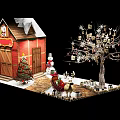 Festive Christmas Scene With Red Barn Snowman Decorated Tree Sleigh And Reindeer Ornaments