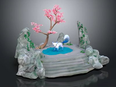 White Fox By Blue Pond With Pink Cherry Blossom Tree Stone Rockery And Green Vines 3d model