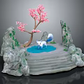 White Fox By Blue Pond With Pink Cherry Blossom Tree Stone Rockery And Green Vines